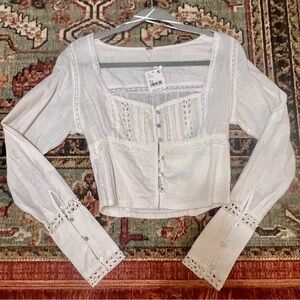 Free People Joi lace trimmed square neck cotton blouse XS NWT